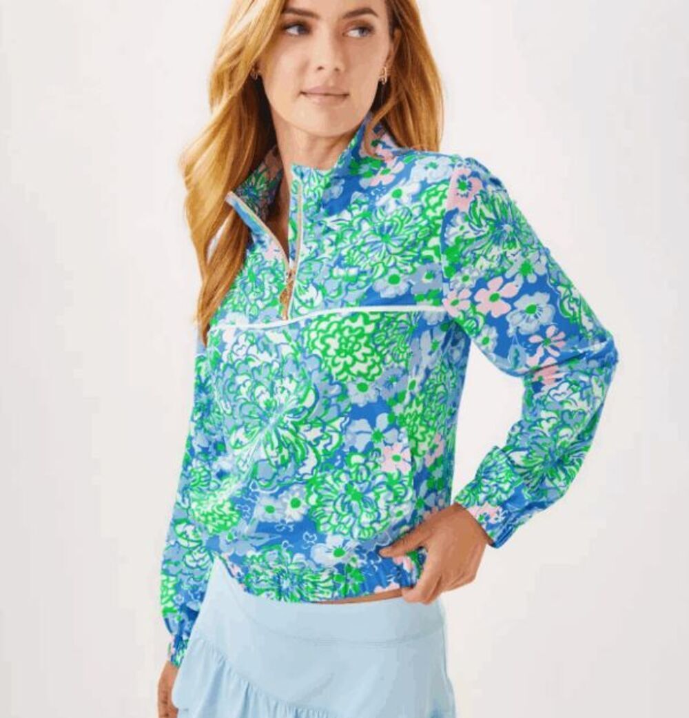 Lilly Pulitzer Aegean Performance Half Zip Jacket in Sunwashed Blue Plumes In Bl